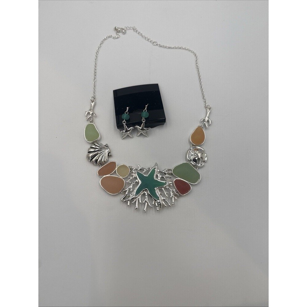 Sea Glass & Resin Starfish Women Necklace Earrings Set New